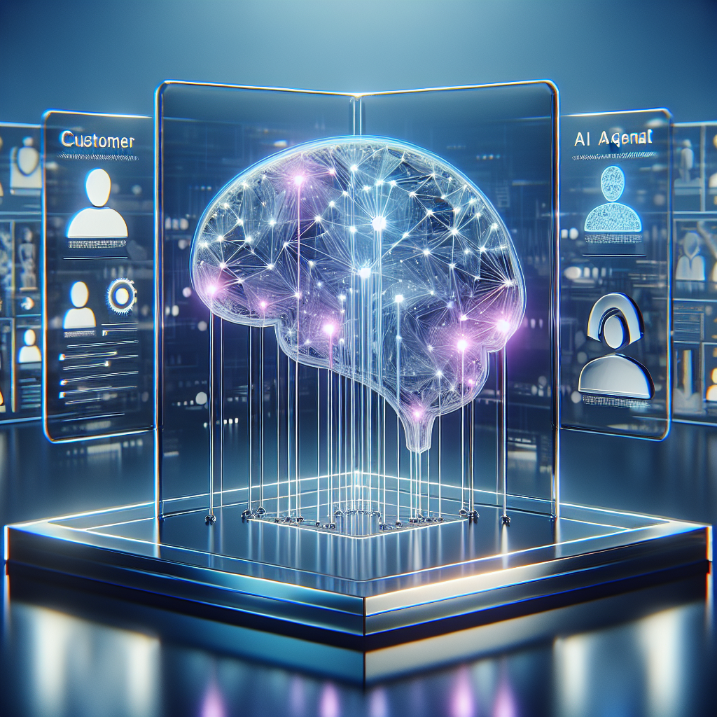 Visualização 3D de IA com memória contextual integrada a CRM, mostrando fluxos de dados holográficos conectando perfis de clientes a agentes inteligentes em estilo glassmorphism moderno
